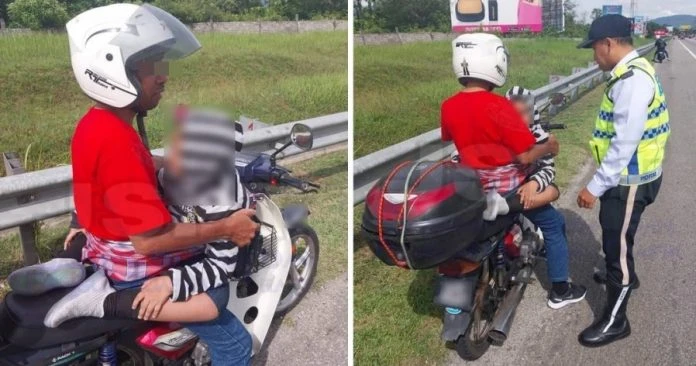 父用繃帶綁兒騎摩哆上大道 巡警為安全開警車載小孩回城