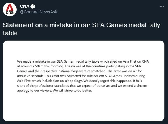 播報東運會排名錯置各國國旗　CNA深表遺憾致歉