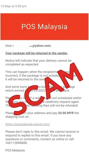 詐騙分子電郵告知「包裹」失效  大馬郵政侷促勿點擊連結