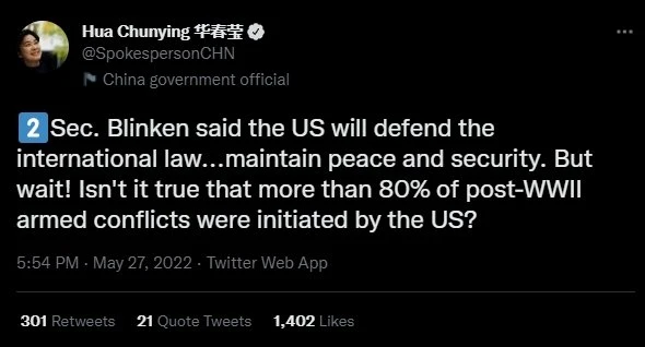 華春瑩展現戰狼本色　推特連發11文回應布林肯