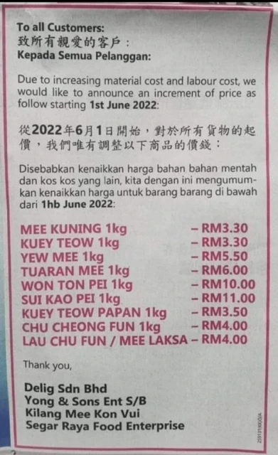 沙巴麵條類與粿條等價格調漲 供應商：物價上升不得不調整