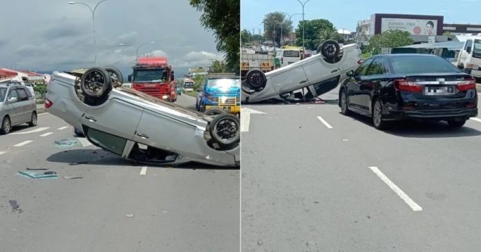兵南邦路電線柱突倒下  國產車緊急煞車翻覆