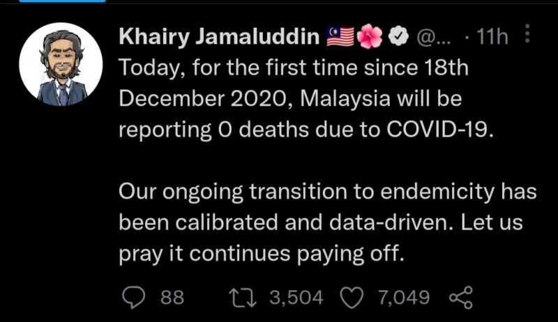 凱里宣布自2020年12月18日以來   大馬首次單日零冠病死亡例