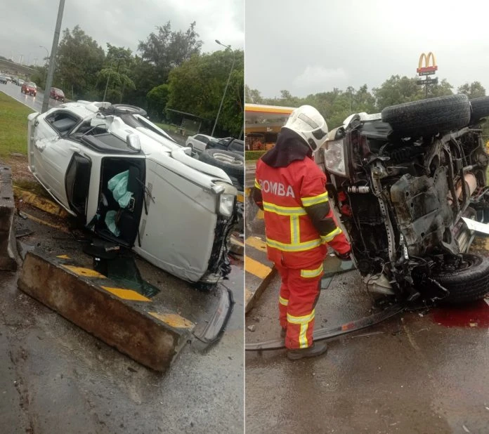 亞庇豪華休旅車  大雨中失控打滑女司機受傷