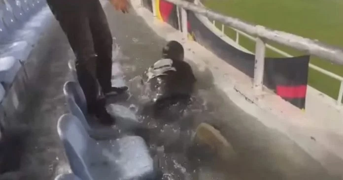 登體育館觀眾席雨後變「澡堂」 球迷現場嬉水泡澡