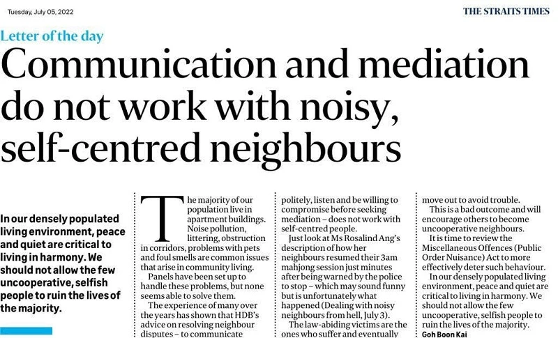 新加坡人在報紙上吐苦水：毫不講理的鄰居是一大煩惱