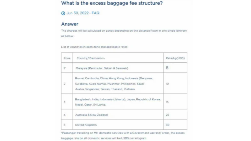 馬航國內航班臨時託運費 漲至每公斤8美元
