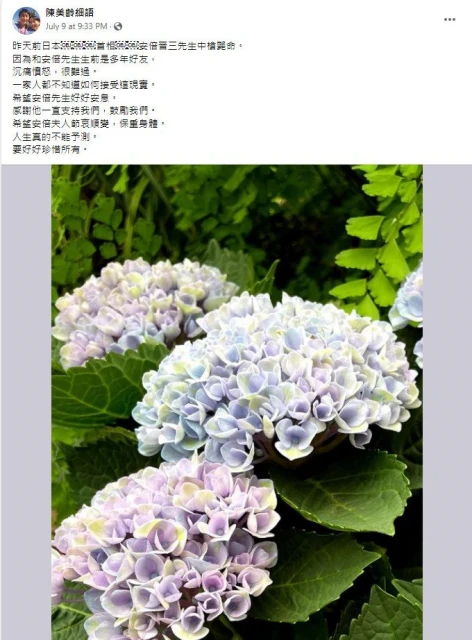 安倍晉三曾任婚禮伴郎　陳美齡悼亡友：很難過