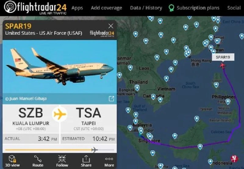 佩洛西訪台的飛行動態全球追　名人航班實時追蹤網用戶增多