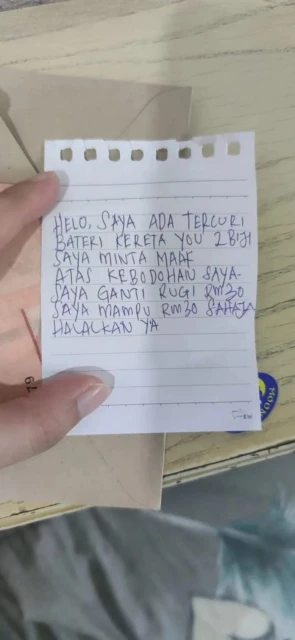 賊偷電池後留字條求寬恕　網民：從字體看得出「怕老婆」