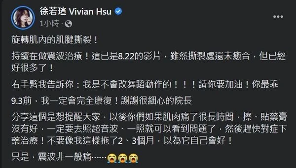 開唱在即右手「肌腱撕裂」急就醫　徐若瑄治療痛苦畫面曝光