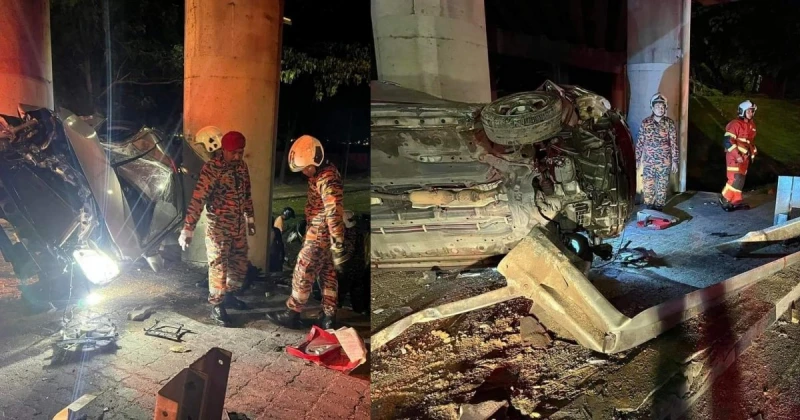 轎車失控側翻卡在兩柱間　受困女司機獲救送醫