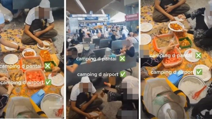一家人席地而坐在機場內野餐 　網民：現在流行在機場野餐？