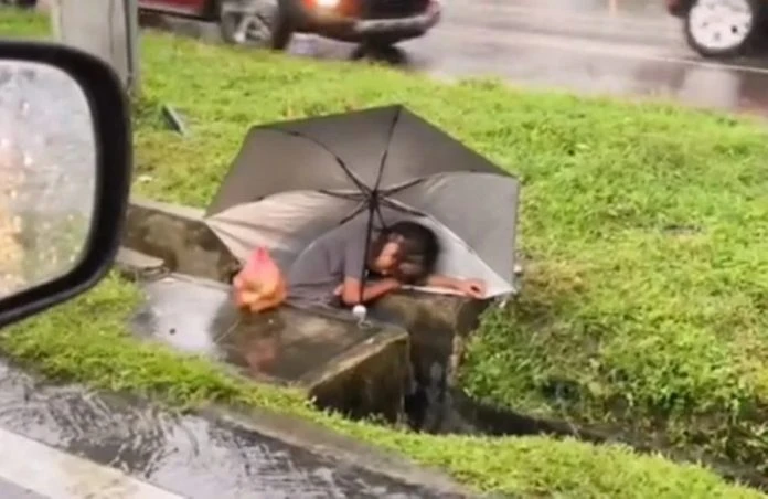 可憐女童雨天路邊賣芒果　累了撐傘趴在水溝睡覺