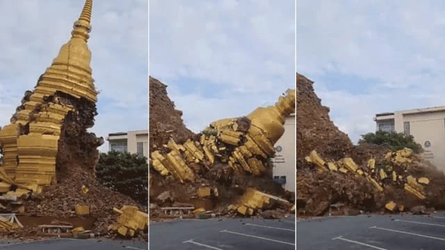 疑因近期強風暴雨影響 清邁銀廟佛塔倒塌