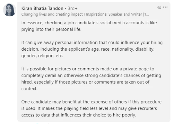 僱主把查看應徵者的個人社媒作為把關方式，合理嗎？