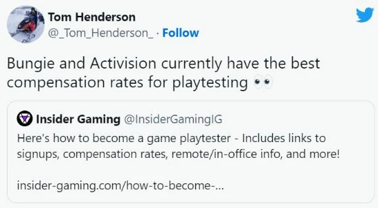 各廠遊戲測試人員報酬一覽：Bungie、動視福利最好