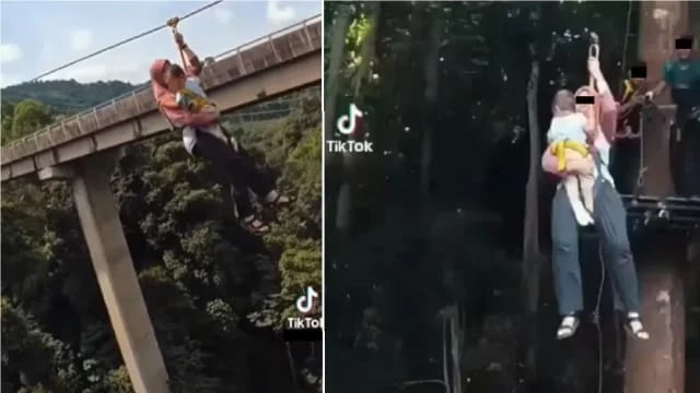 馬國母親單手抱兒玩高空飛狐被網民炮轟 警方展開調查