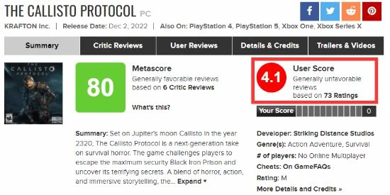 《木衛四》PC版M站玩家評分僅4.1分：還是玩PS5吧