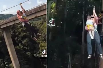 馬國母親單手抱兒玩高空飛狐被網民炮轟 警方展開調查