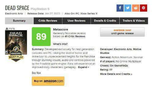 《死亡空間RE》進入M站必玩榜單 均分89好評如潮