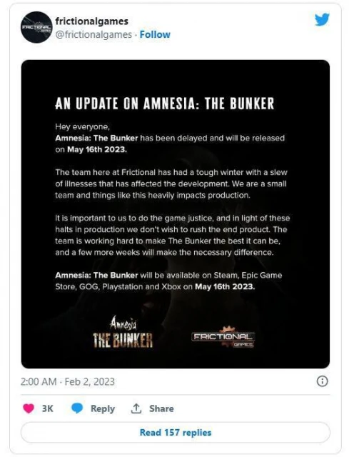 《失憶症：地堡》被推遲至5月16日發行