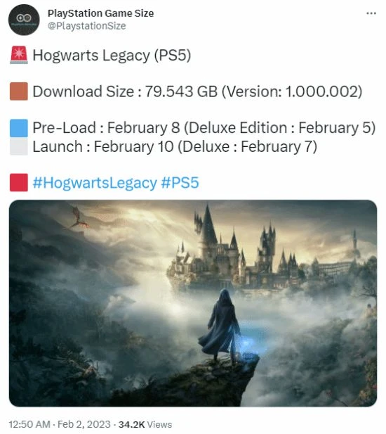 曝《霍格沃茨之遺》PS5大小約80G 2月8日開啟預加載
