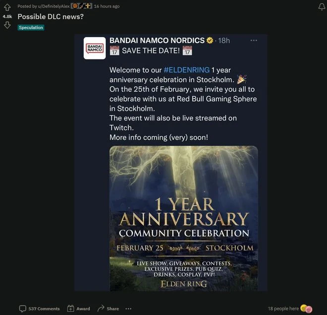 我DLC呢？《艾爾登法環》周年紀念活動即將舉行