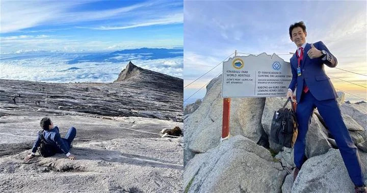 穿西裝皮鞋爬神山　日本社長手提公事包成功登頂