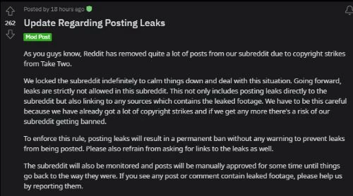 Reddit論壇《GTA6》版塊嚴禁發布泄露：被T2制裁了