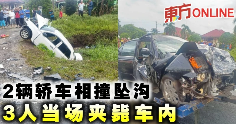 2輛轎車相撞墜溝　3人當場夾斃車內