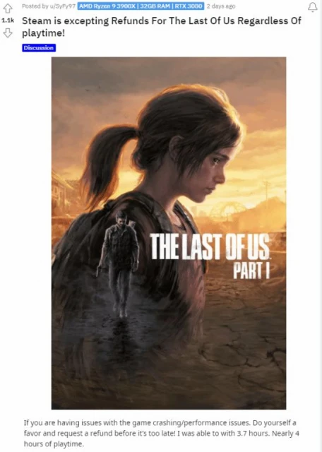 玩家發現《美末》Steam退款條件放寬 超2小時也能退