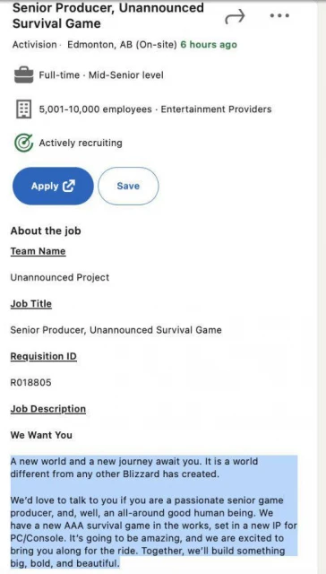 暴雪3A生存遊戲招募新製作人 暴雪老闆已經玩過了