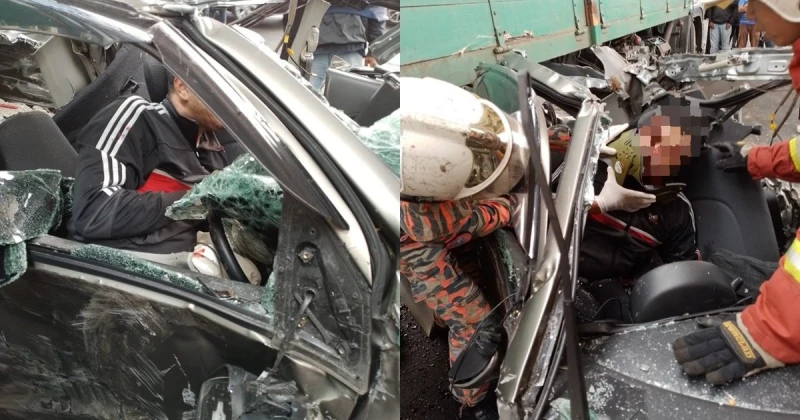 轎車羅里相撞　轎車男司機受困車內