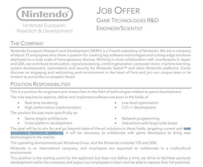 任天堂已開始為Switch下一代主機招聘研發人員