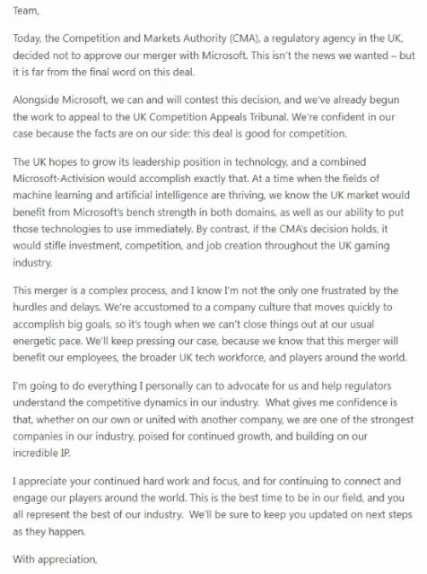 動視暴雪CEO：收購案還未蓋棺定論 事實對我們有利