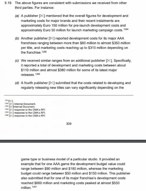 大型開發商向CMA透露 部分遊戲的成本已超10億美元