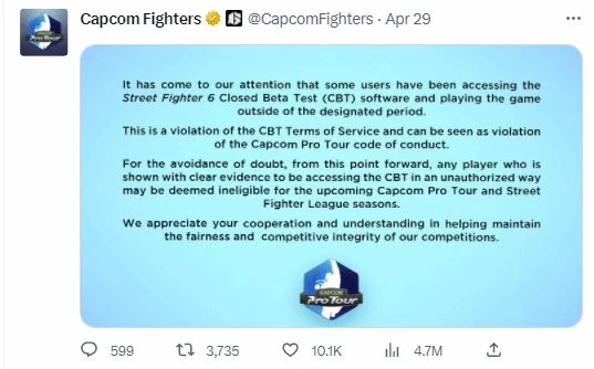 卡普空提醒：在規定測試時間外玩《街霸6》會被禁賽