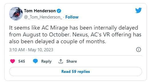 又有傳言稱《刺客信條：幻景》推遲至10月發行