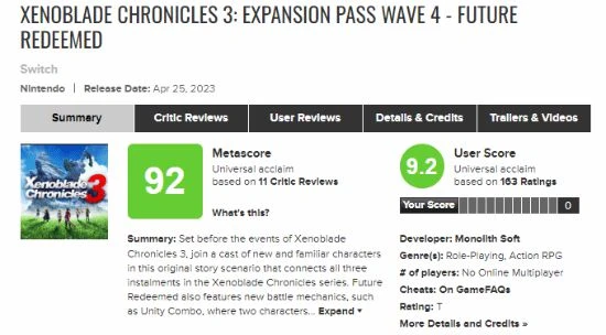 《異度之刃3》最終DLC M站92分!系列完美終章