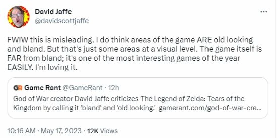 戰神之父：《王國之淚》很乏味 看起來很老舊