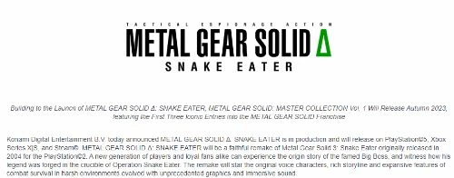 原汁原味!科樂美確認《合金裝備3RE》將使用原版聲優