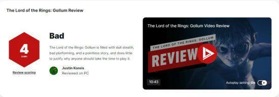 《魔戒：咕嚕》IGN 4分：不推薦任何人體驗這款遊戲