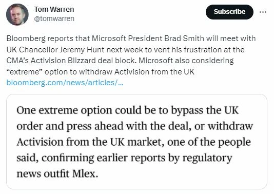 微軟總裁將會見英國財政大臣 或考慮將動暴撤出英國