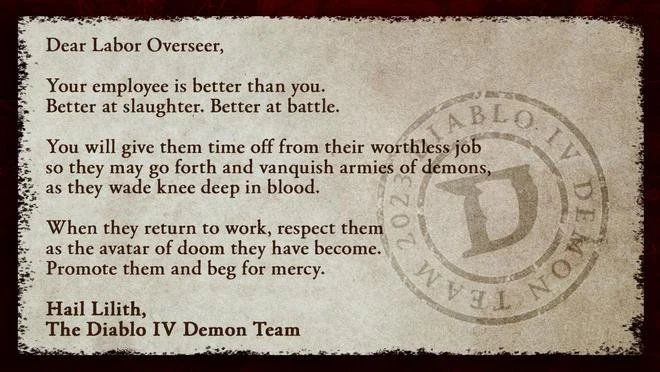 官方整活！《暗黑4》給玩家寫請假單