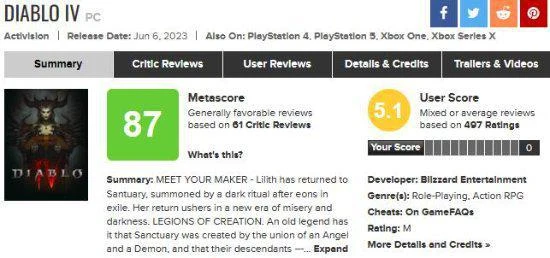 《暗黑4》M站玩家評分:全平台都遭大量差評!