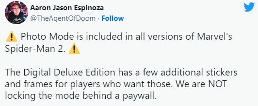 《漫威蜘蛛俠2》豪華版獨占拍照模式?官方發文闢謠
