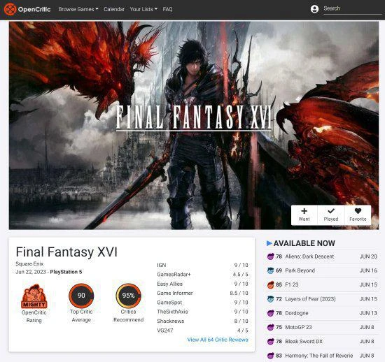 《FF16》OC站90分比M站高：玩家質疑M站評分有問題