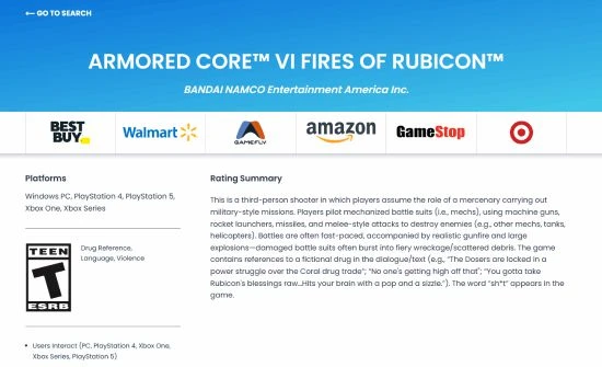 《裝甲核心6》ESRB評級T級：包含粗口等內容