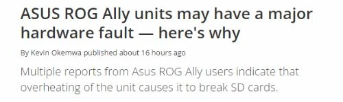 玩家反饋ROG掌機存在損壞存儲卡問題 疑似過熱導致